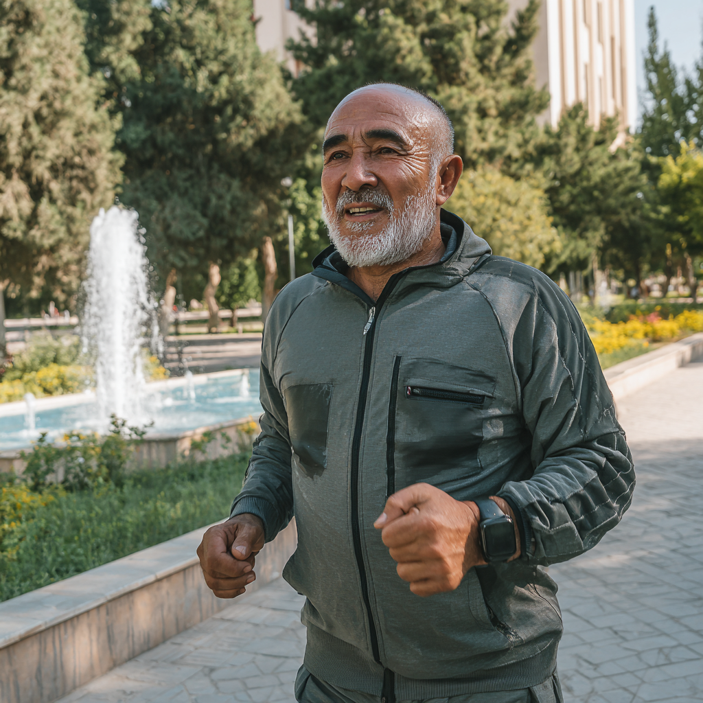 45+ yoshdagi faol odam fitnes mashqlari bajarayotgan